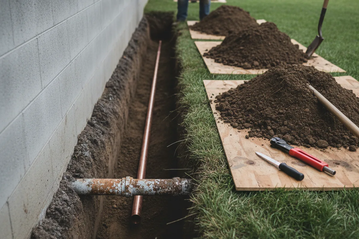 Excavated water line trench during Sewer Line Repair in Great River